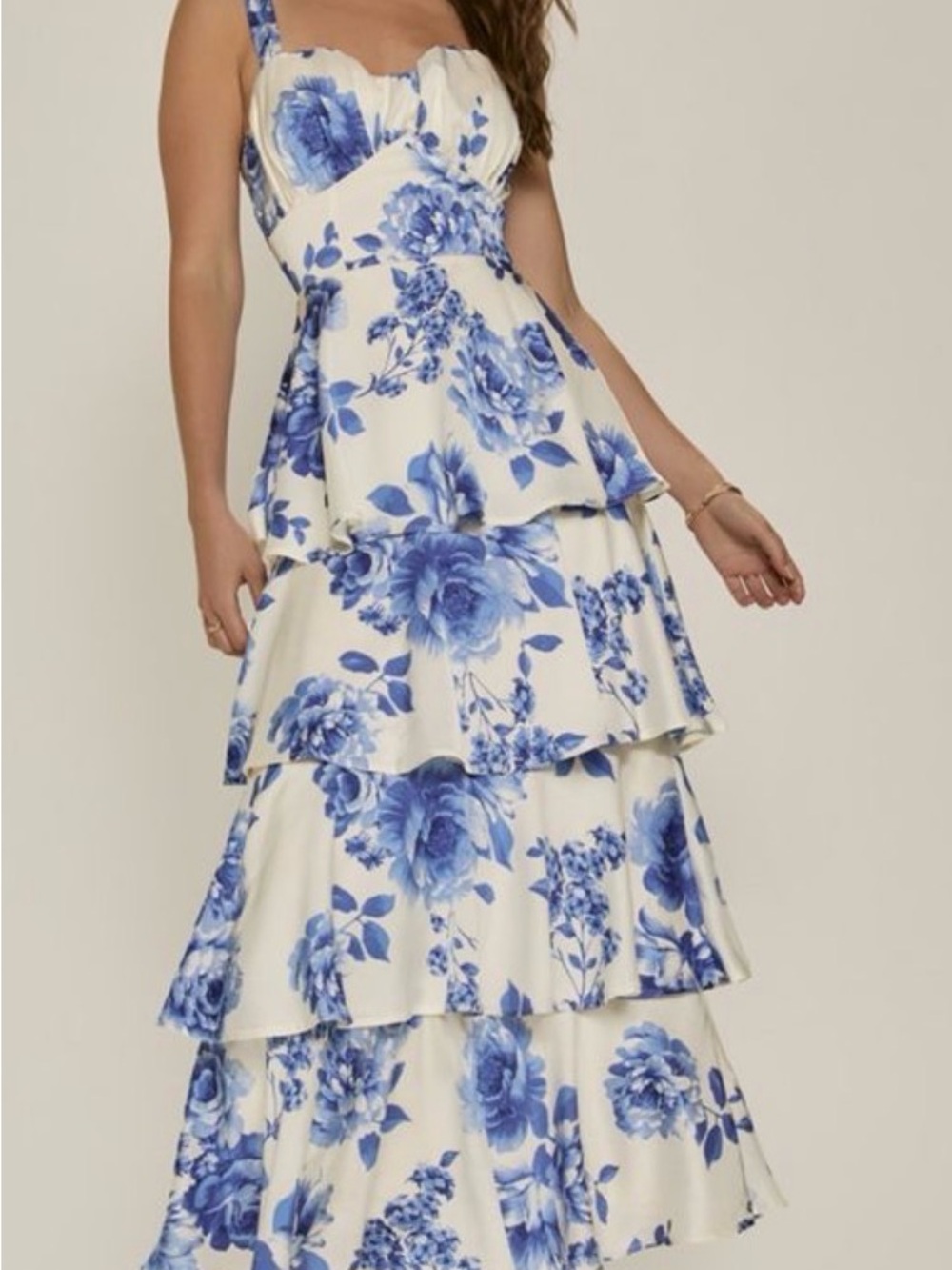 miami White Maxi Dress with Blue Floral Print